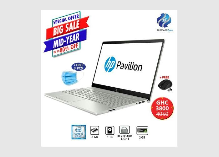 HP PAVILION i5|8TH GEN+8GB RAM+1TB+2GB NVIDIA|KEYLIGHT+FREE MOUSE+3PCS OF NOSE MASK
